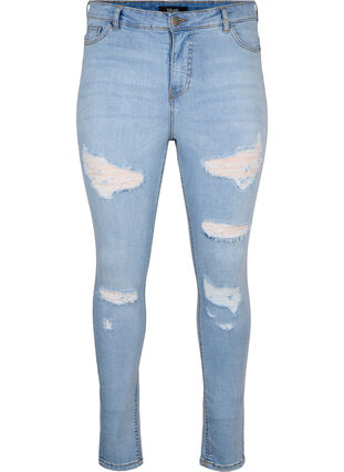 Slim fit jeans met slijtagedetails, Light Blue, Packshot image number 0