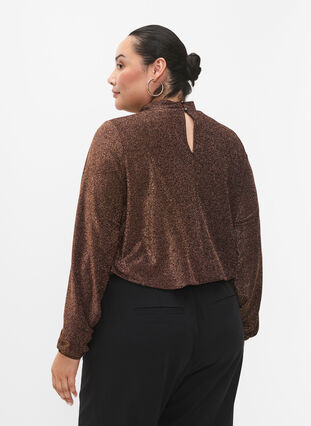 Glitter blouse met lange mouwen, ronde hals en V-detail, Black Copper, Model image number 1