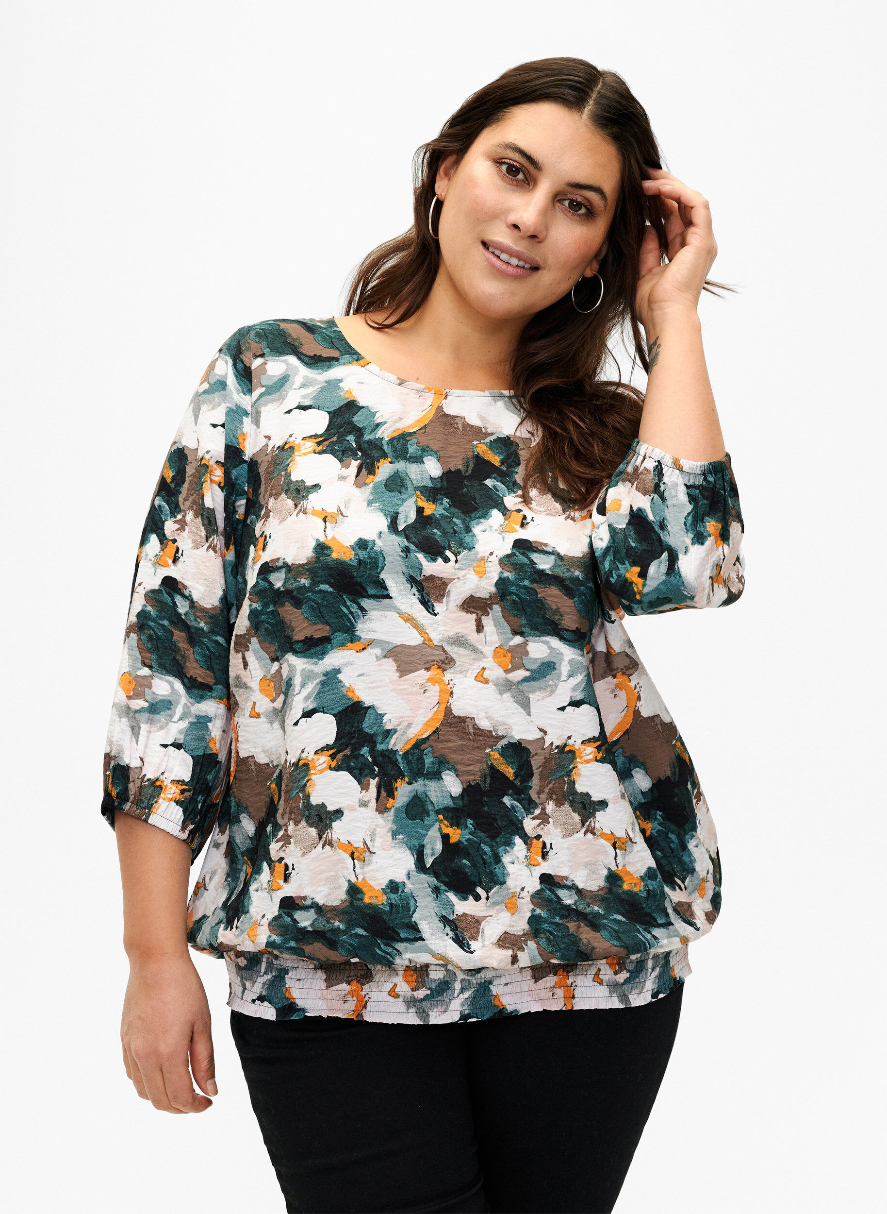 ZizziViscose smock blouse met print, Duck Gr. Forest AOP, Model image number 0