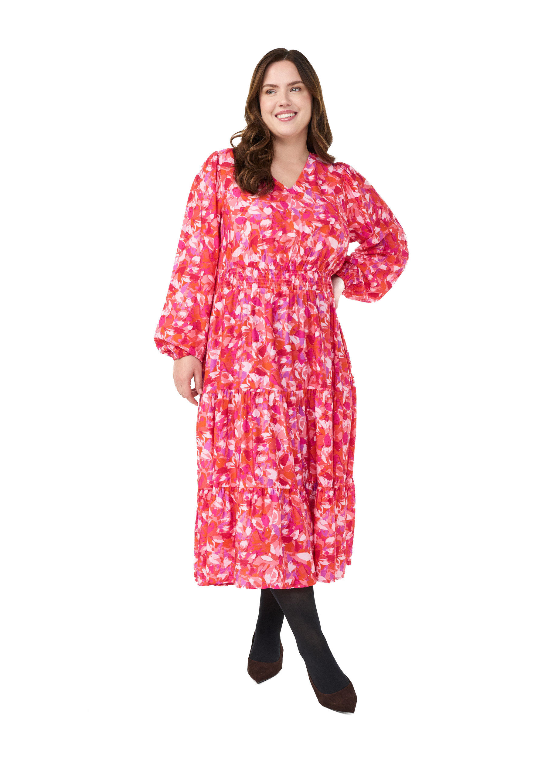 Zizzi Robe midi &agrave; motif feuillage color&eacute;, Rose, Model image number 1