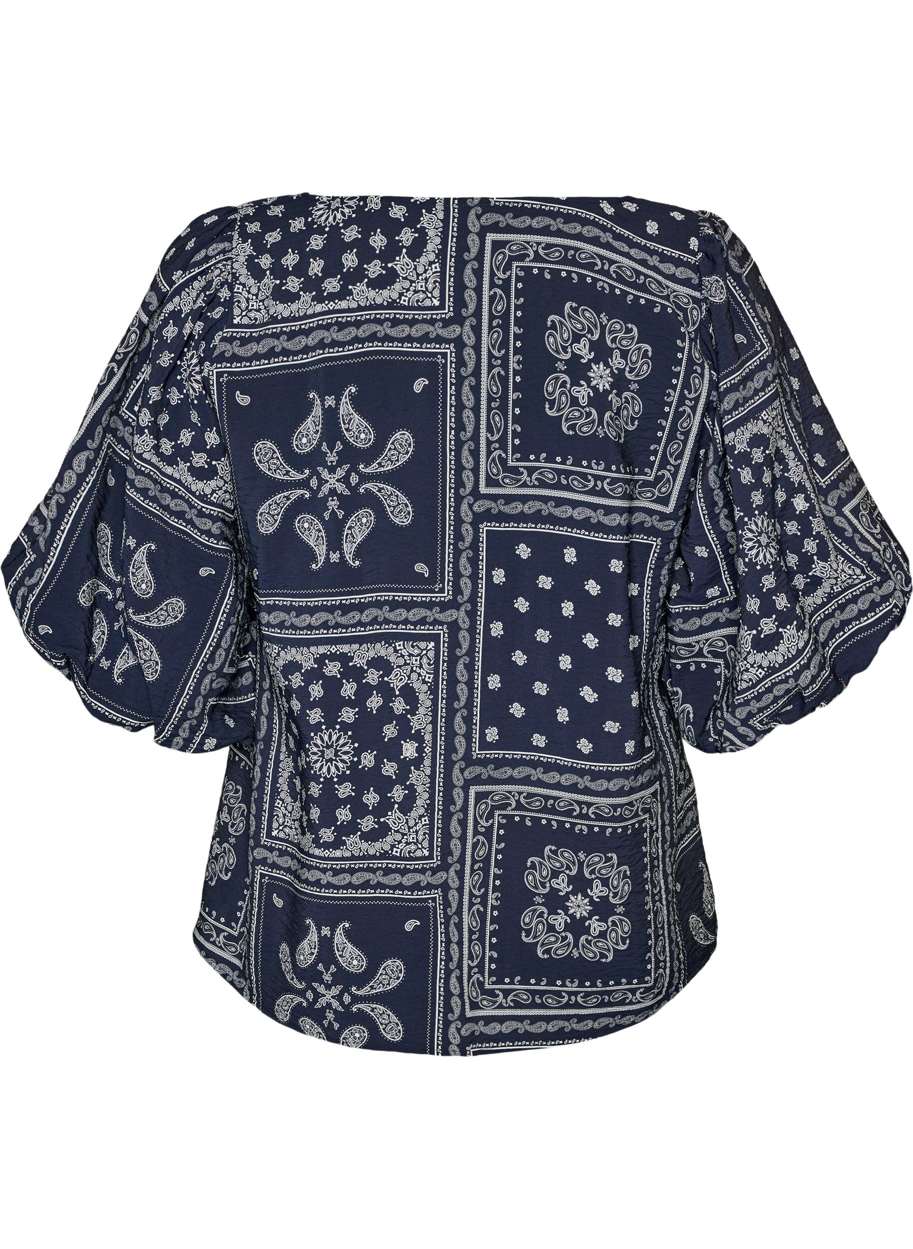 ZizziBlouse en viscose &agrave; imprim&eacute; cachemire et manches ballon, Bleu, Packshot image number 1
