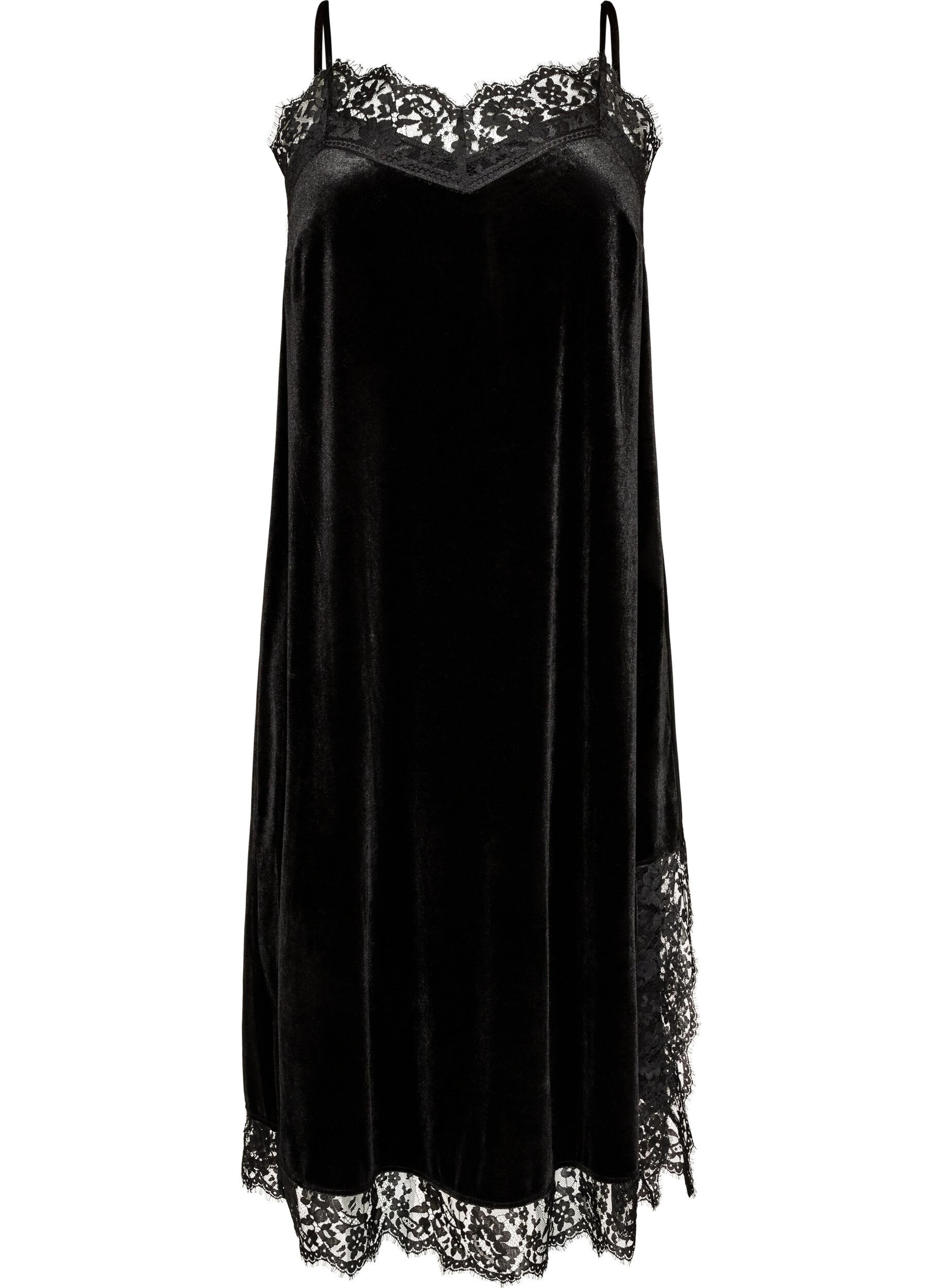 Robe en velours avec dentelle et fente lat&eacute;rale