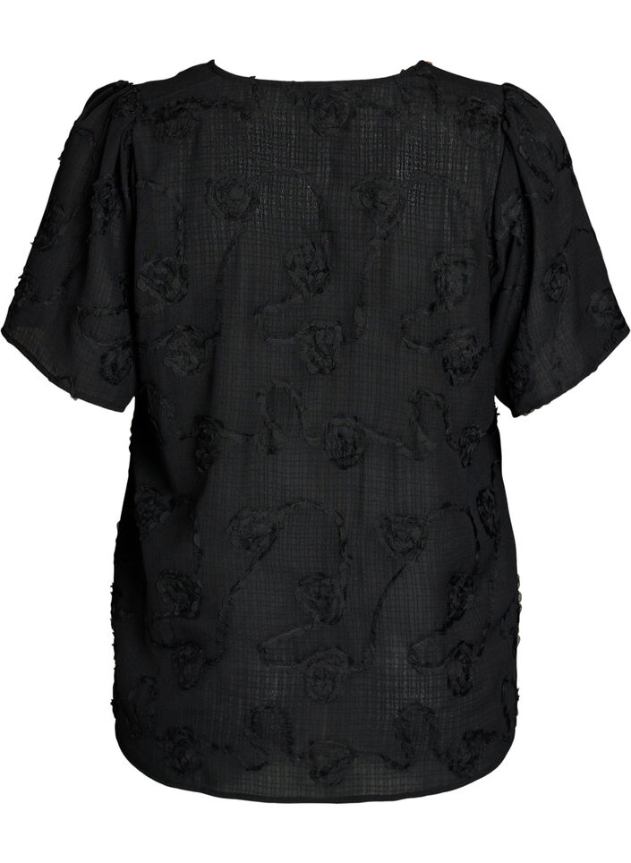 Short-sleeved shirt blouse with a 3D flower effect, Black, Packshot image number 1