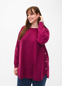 Gebreide gemêleerde pullover met parelknopen aan de zijkanten	, Raspberry Mel., Model