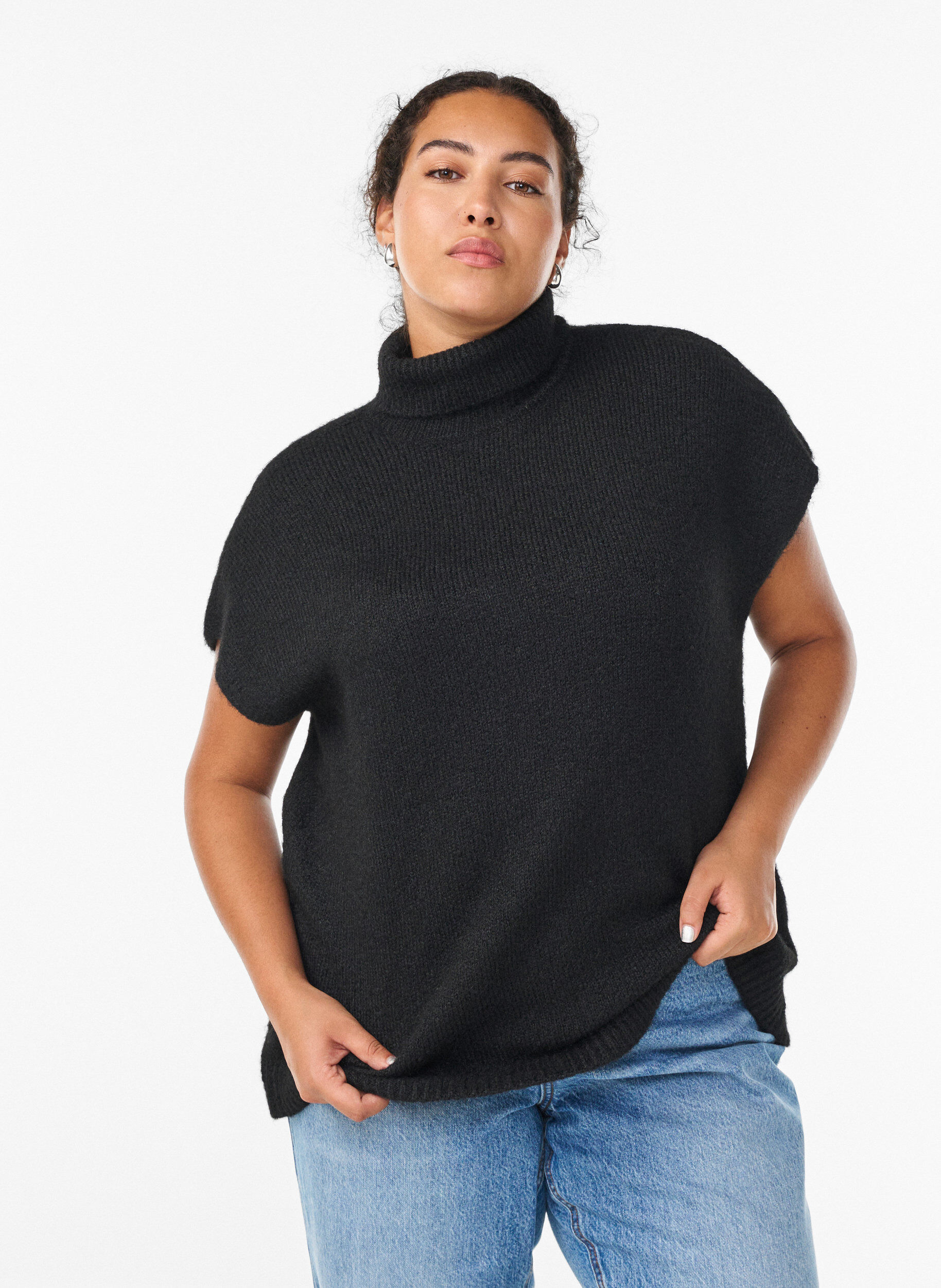 ZizziMouwloze gebreide vest met col, Zwart, Model image number 0