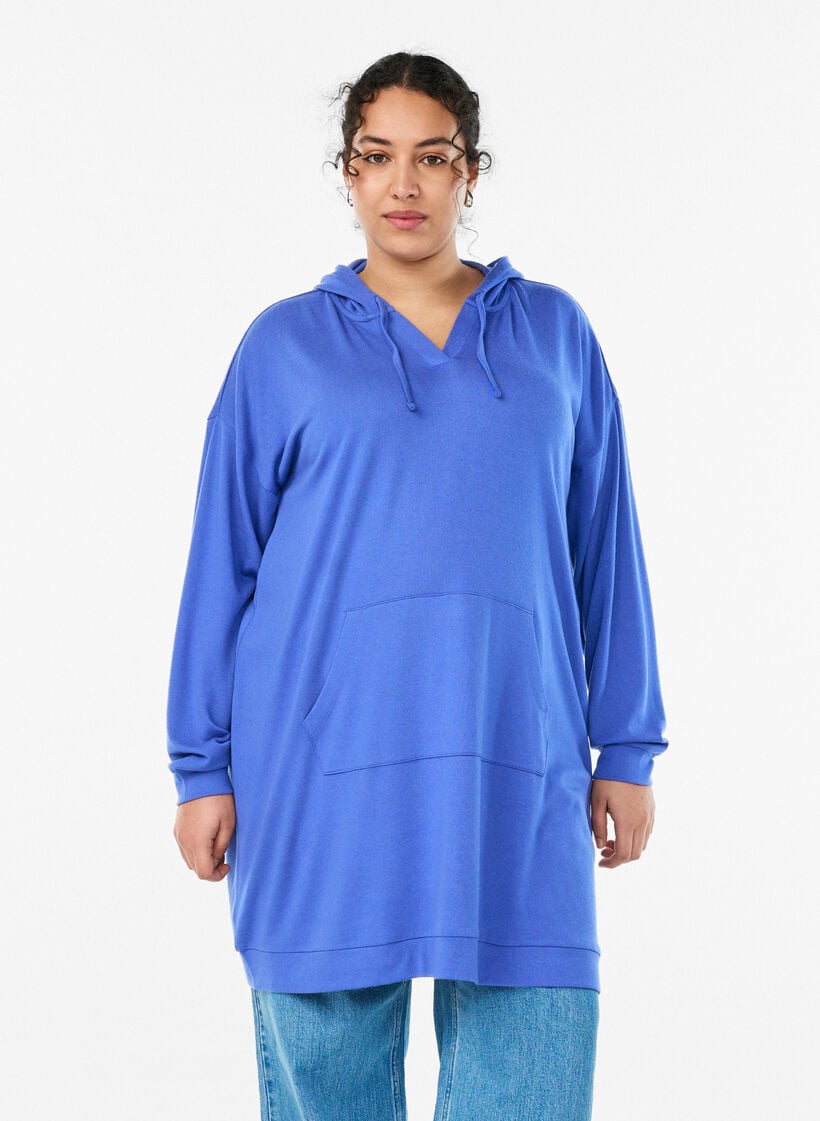 Robe sweat &agrave; capuche courte avec poche kangourou, Bleu, Model image number 0
