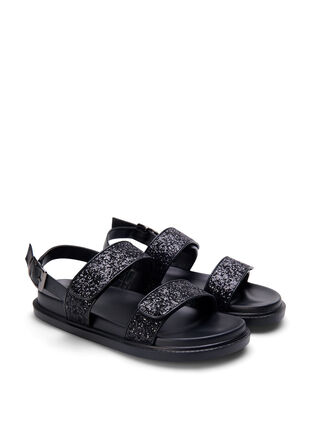 Sandale pied large à paillettes avec fermeture velcro, Black Glitter, Packshot image number 1