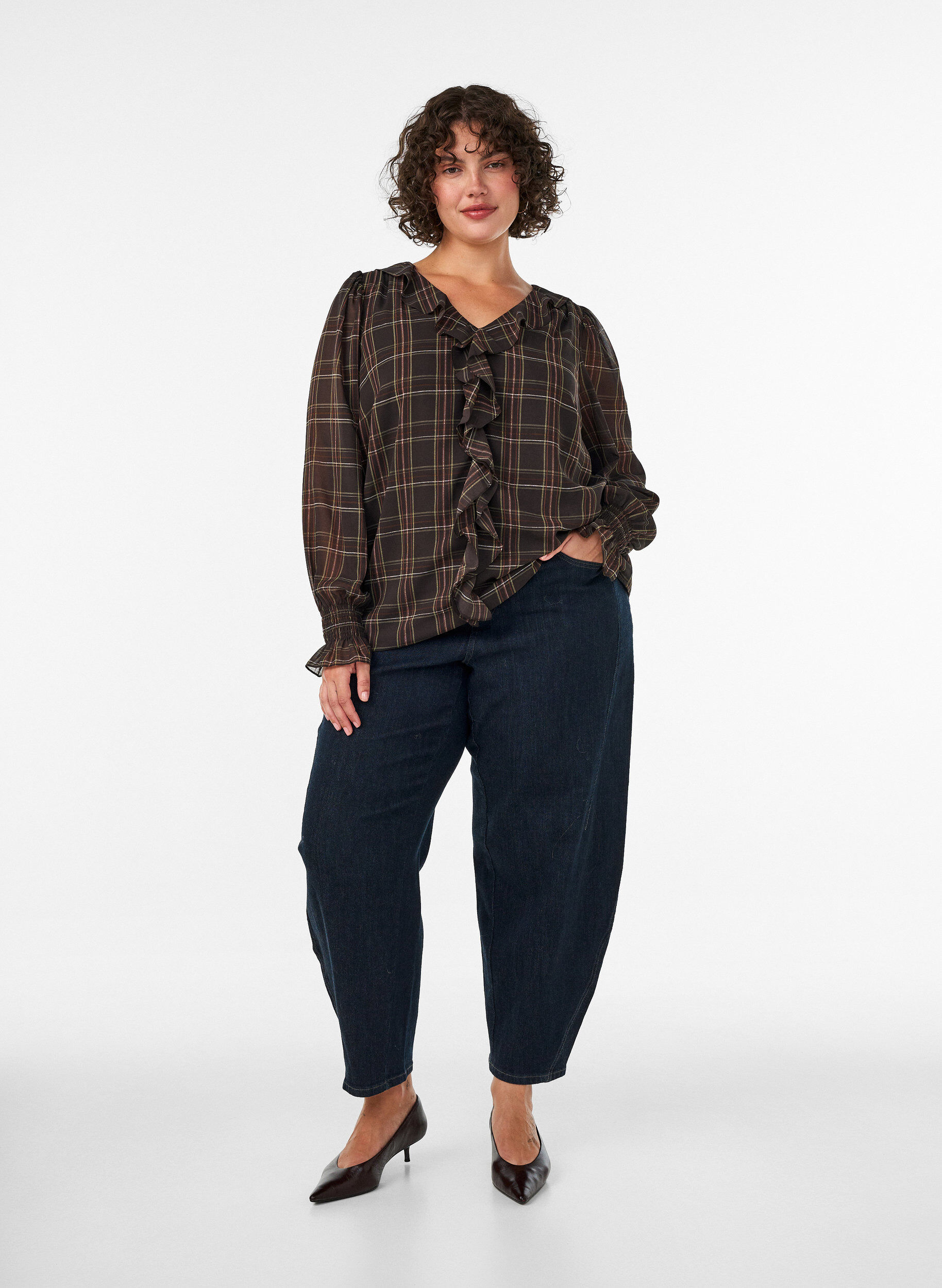 ZizziBlouse &agrave; carreaux avec volants, Vert, Model image number 1