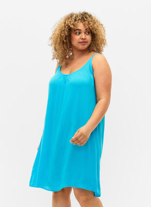 Effen viscose jurk met bandjes, Blue Atoll, Model image number 2