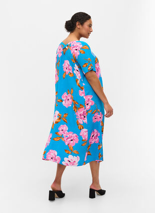 Robe midi en viscose avec imprimé floral, Blue Pink Flower, Model image number 1