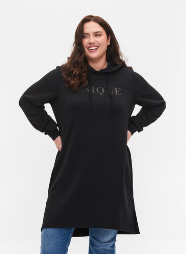 Robe-pull avec capuche et fente, Black, Model image number 0