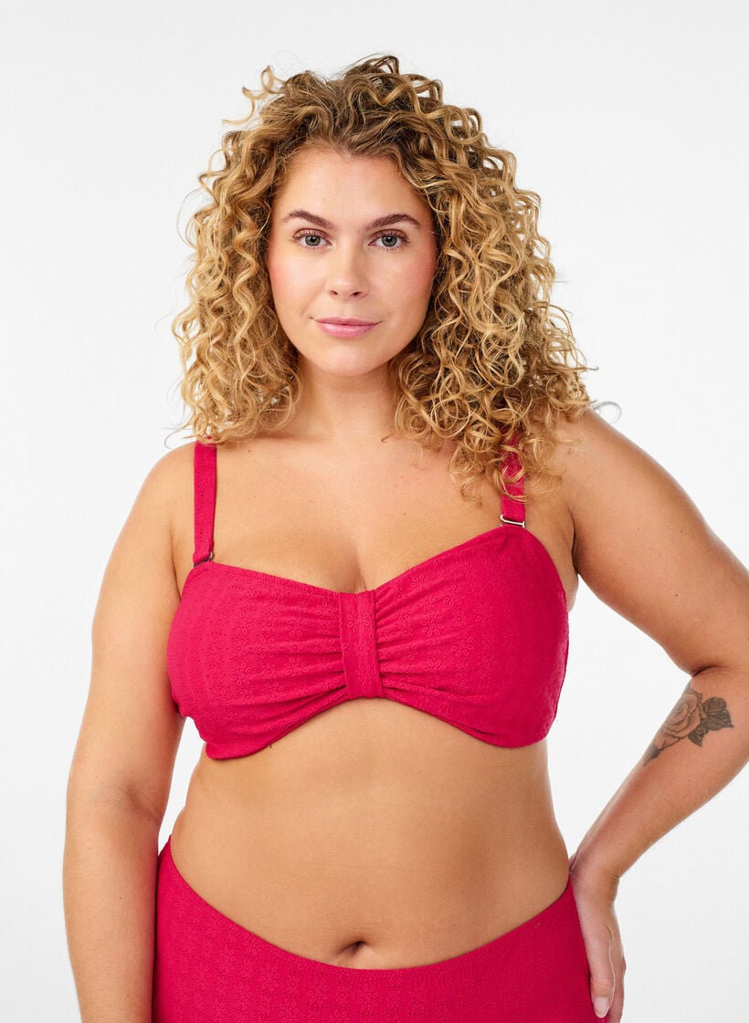 Haut de bikini bandeau avec motif textur&eacute; et bretelles amovibles, Rose, Model image number 0
