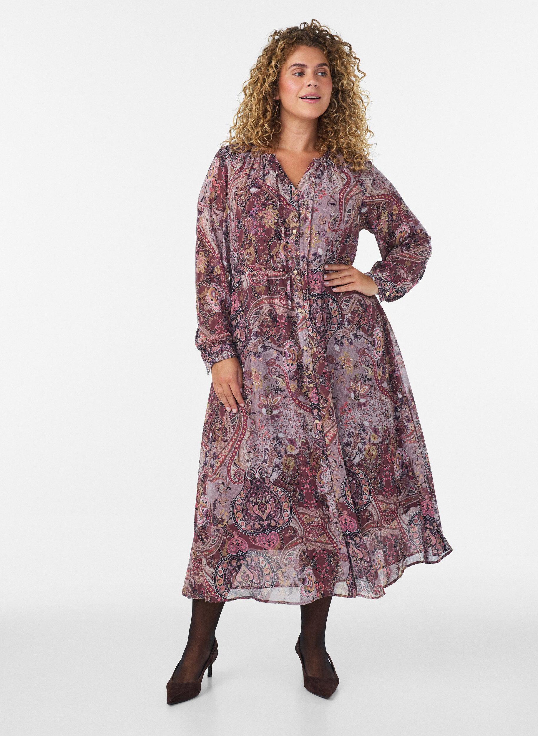 Midi-jurk met paisleyprint en elastische taille, Paars, Model