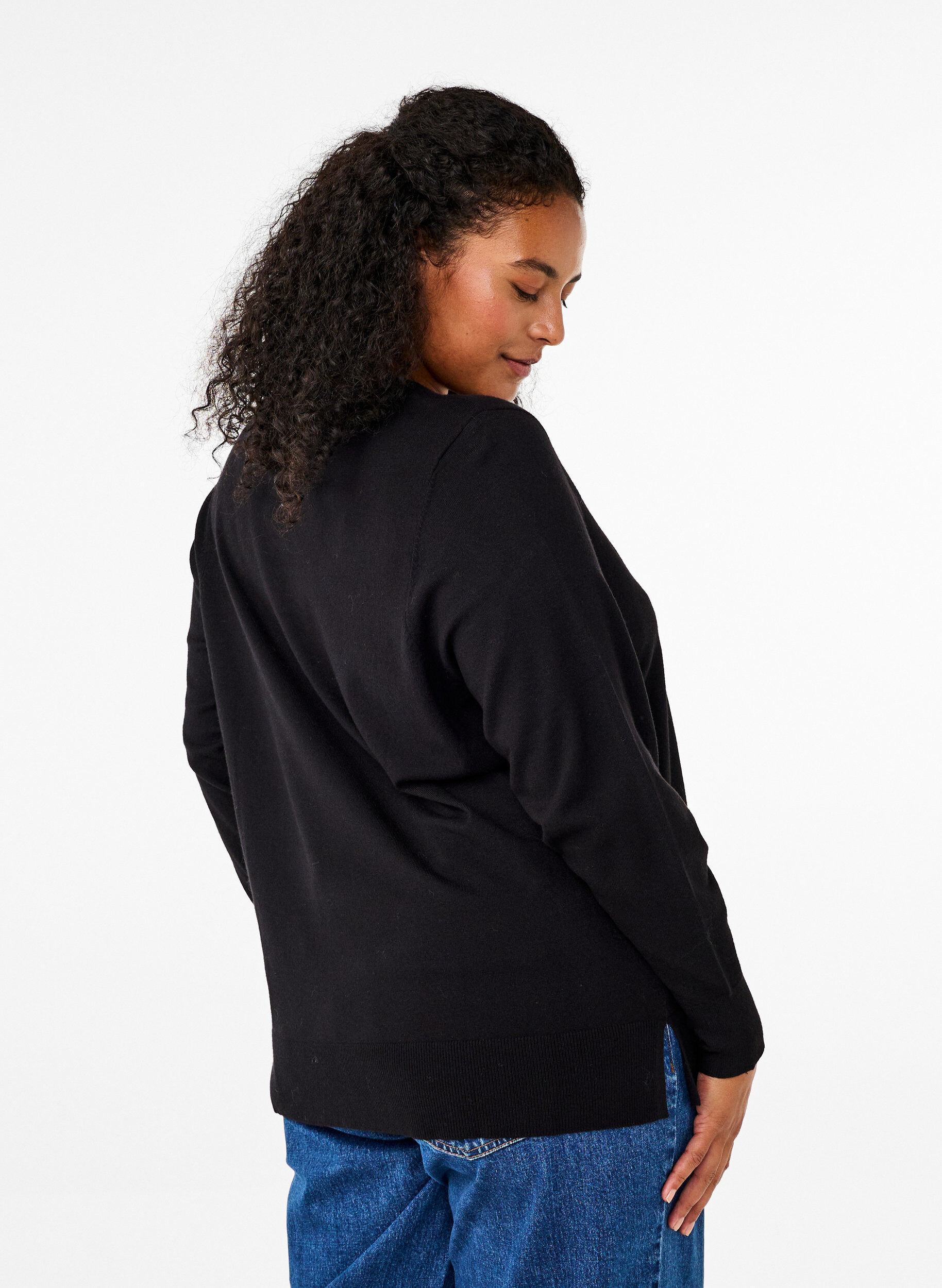 ZizziGebreide blouse met lange mouwen en een spleet, Zwart, Model image number 2