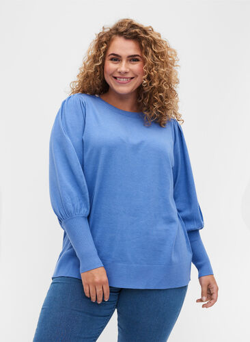 Pull en tricot à manches bouffantes, Ultramarine Mel, Model image number 0