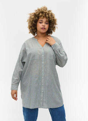 Gestreepte blouse in 100% katoen, Cilantro Stripe , Model image number 0