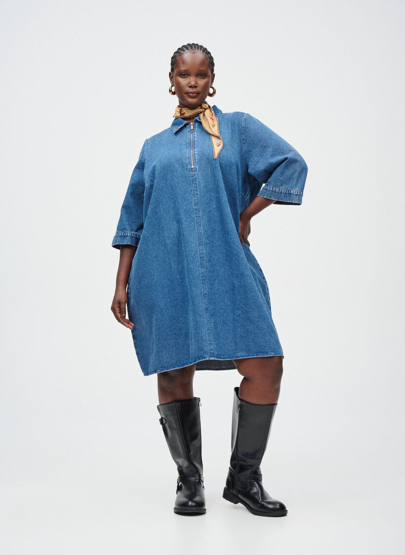Korte denimjurk met ritssluiting en 3/4 mouwen, Blauw, Image image number 0