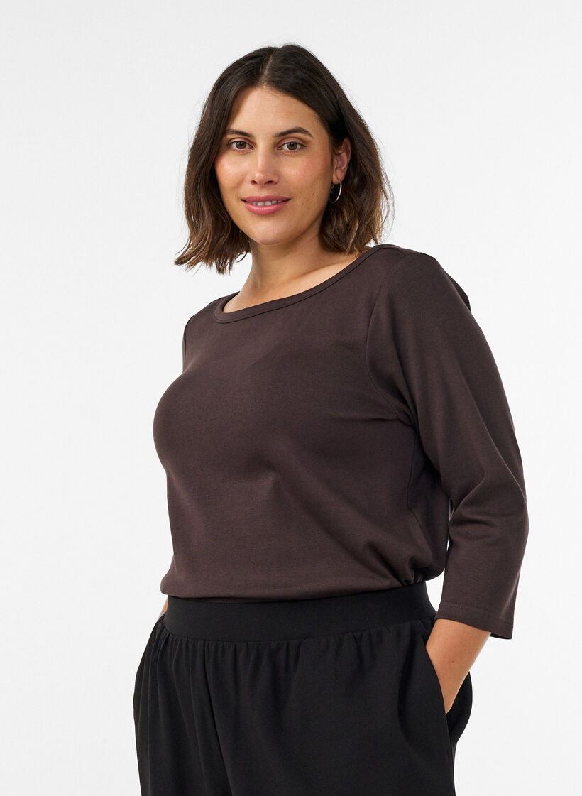 T-shirt Basic &agrave; encolure bateau et manches 3/4, Marron, Model image number 0