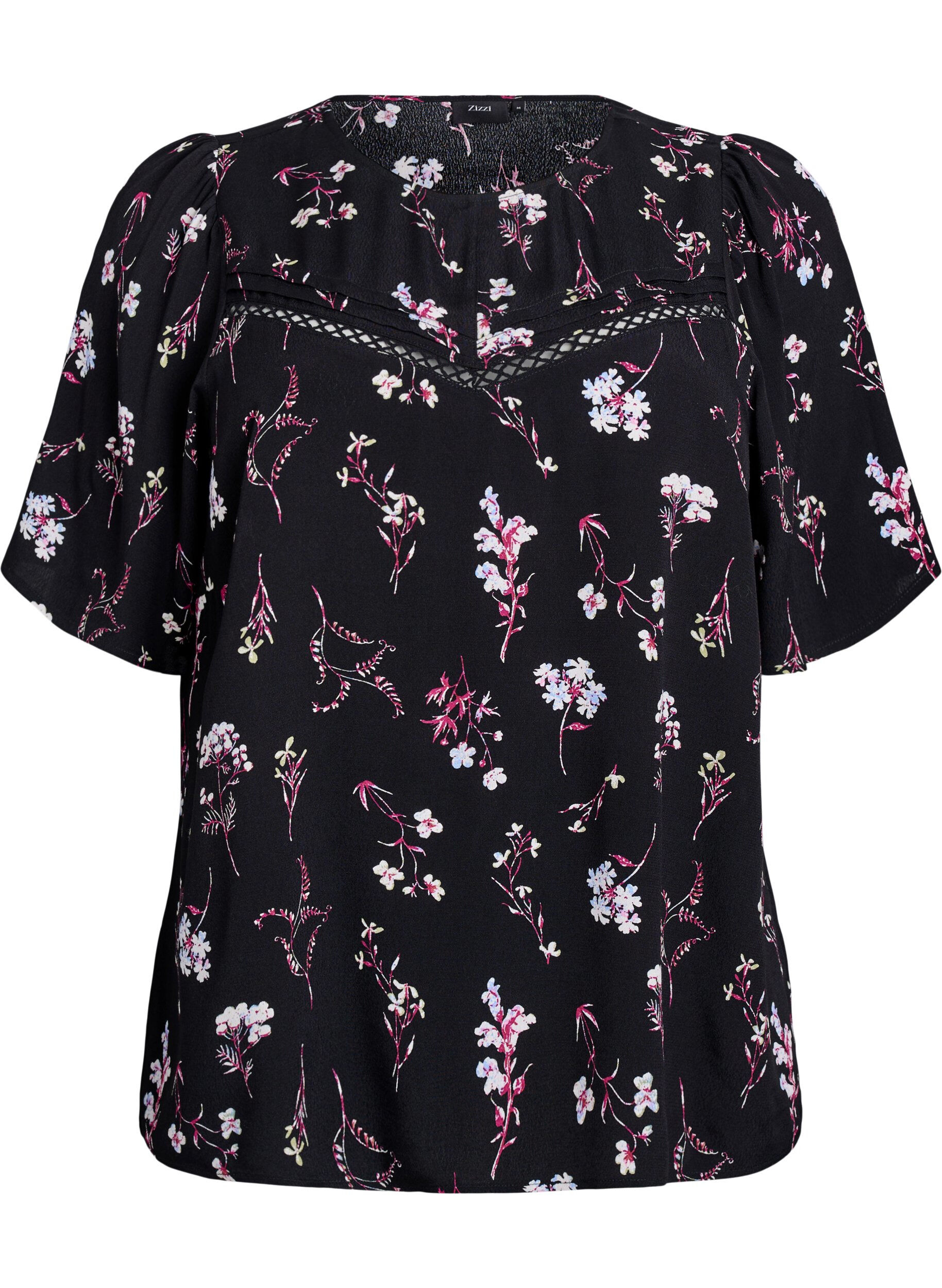 ZizziBlouse met bloemmotief en korte mouwen, Zwart, Packshot image number 0