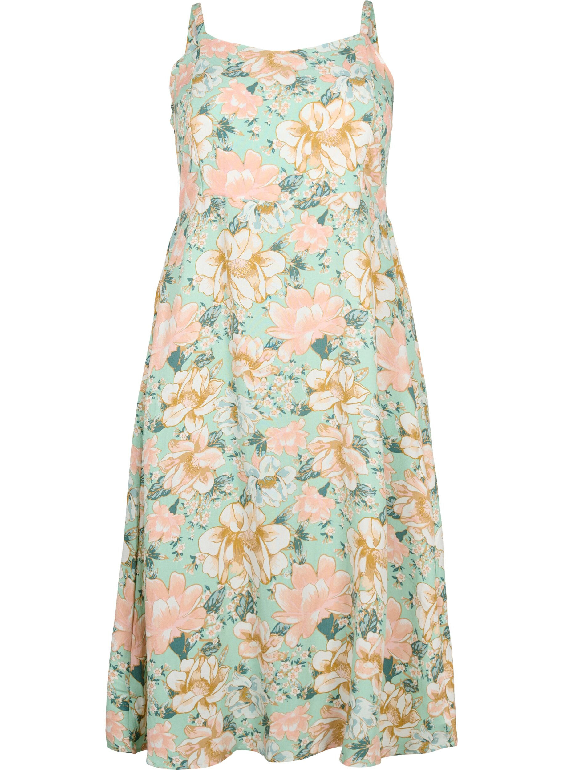 Zizzi Robe &agrave; bretelles en viscose florale avec smocking, Green Flower, Packshot image number 0