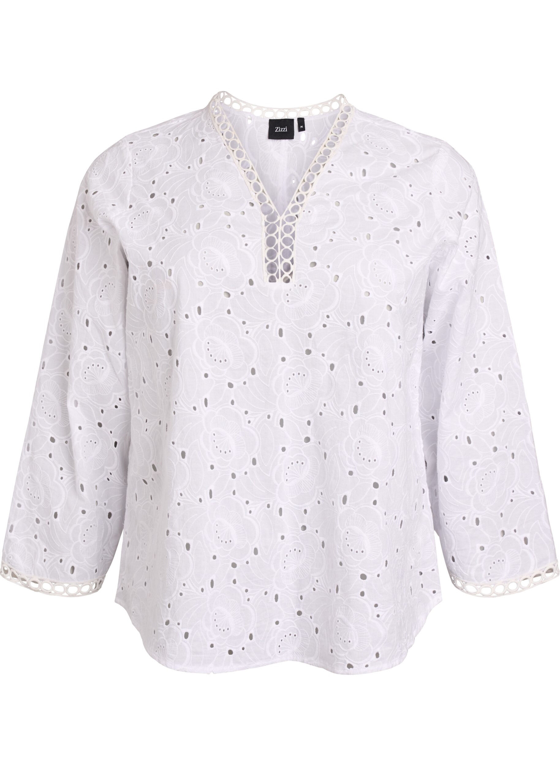 Blouse en coton &agrave; manches longues avec broderie anglaise