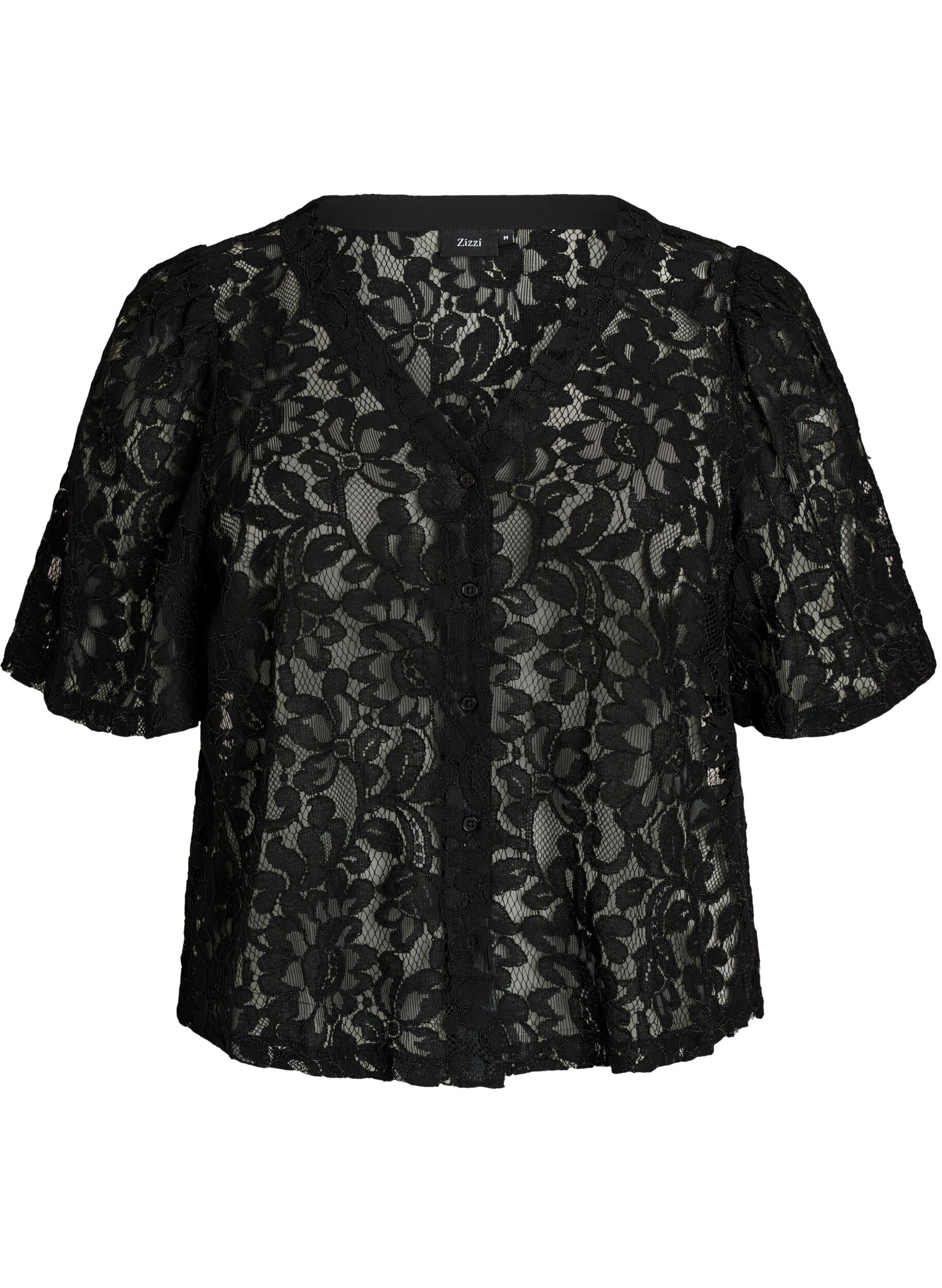 Zizzi Blouse en dentelle &agrave; manches courtes et col V, Noir, Packshot image number 0