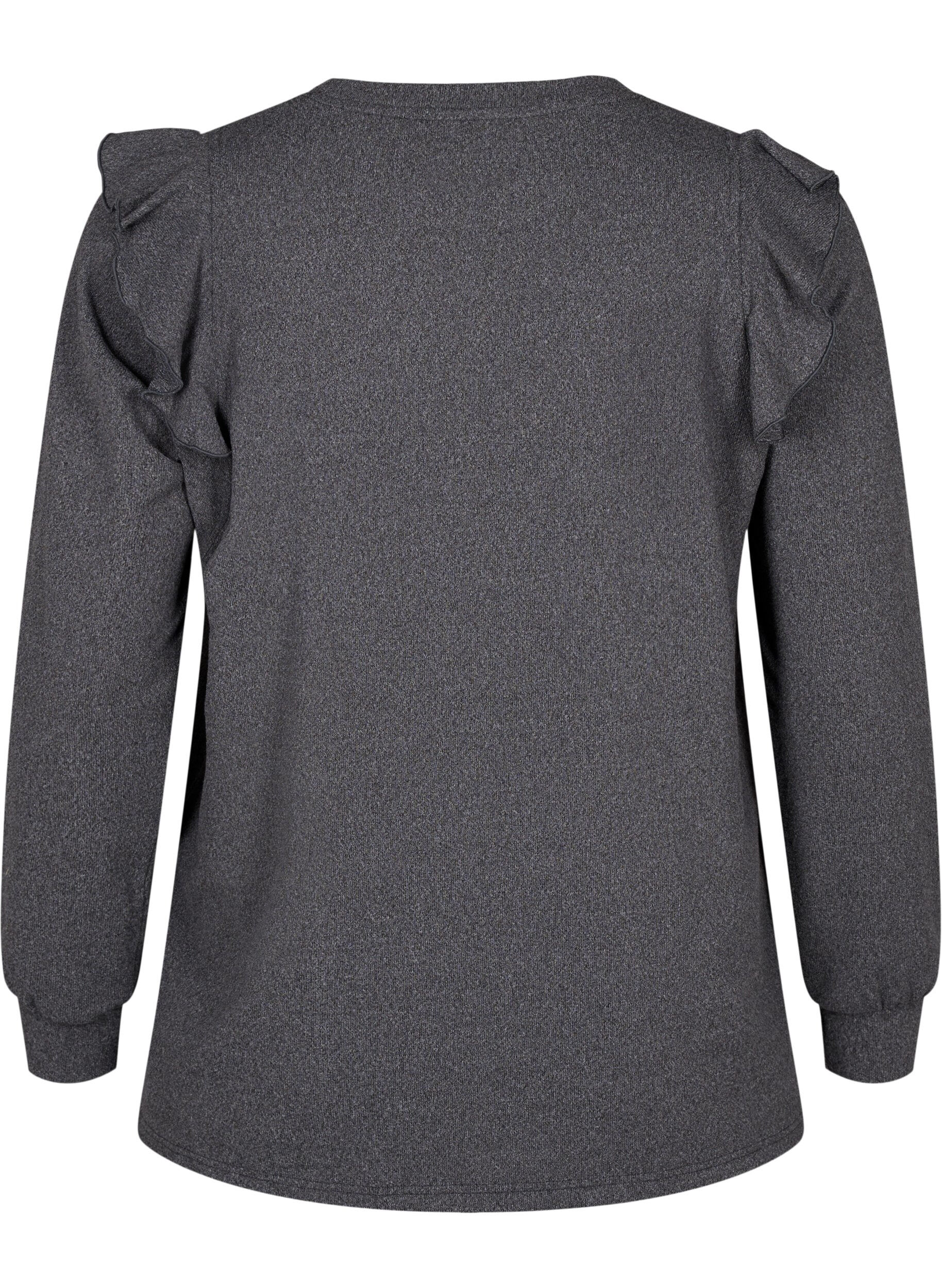 Zizzi Blouse met lange mouwen en ruches, Dark Grey Melange, Packshot image number 1