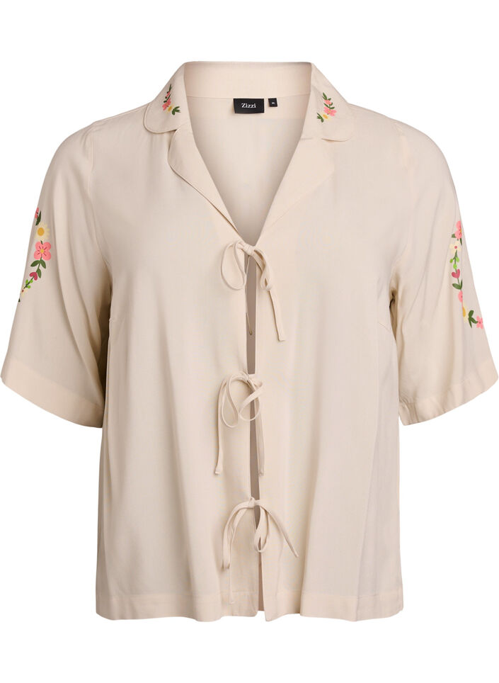 Haut de pyjama en viscose avec lien &agrave; nouer et imprim&eacute; fleuri, Beige, Packshot image number 0