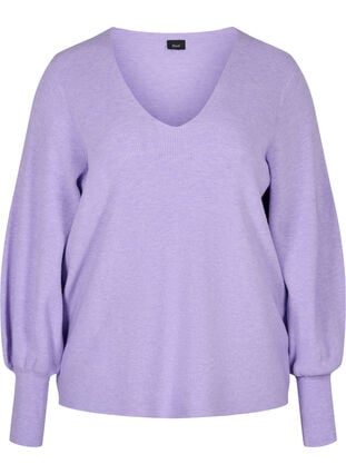 Pull en tricot à col en V et manches ballon, Purple Rose Mel, Packshot image number 0
