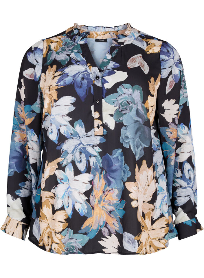 Blouse met lange mouwen en bloemenprint, Yellow Flower AOP, Packshot image number 0