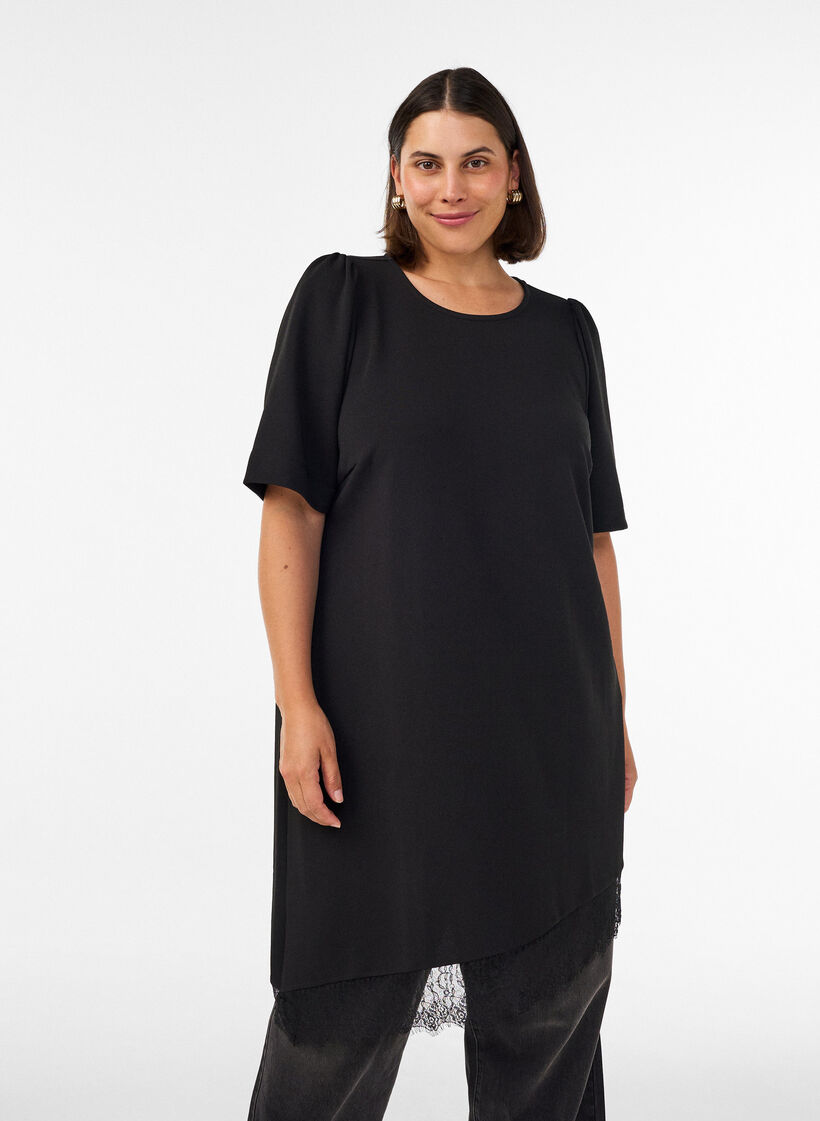 Tuniek met asymmetrische kanten rand, Zwart, Model image number 0