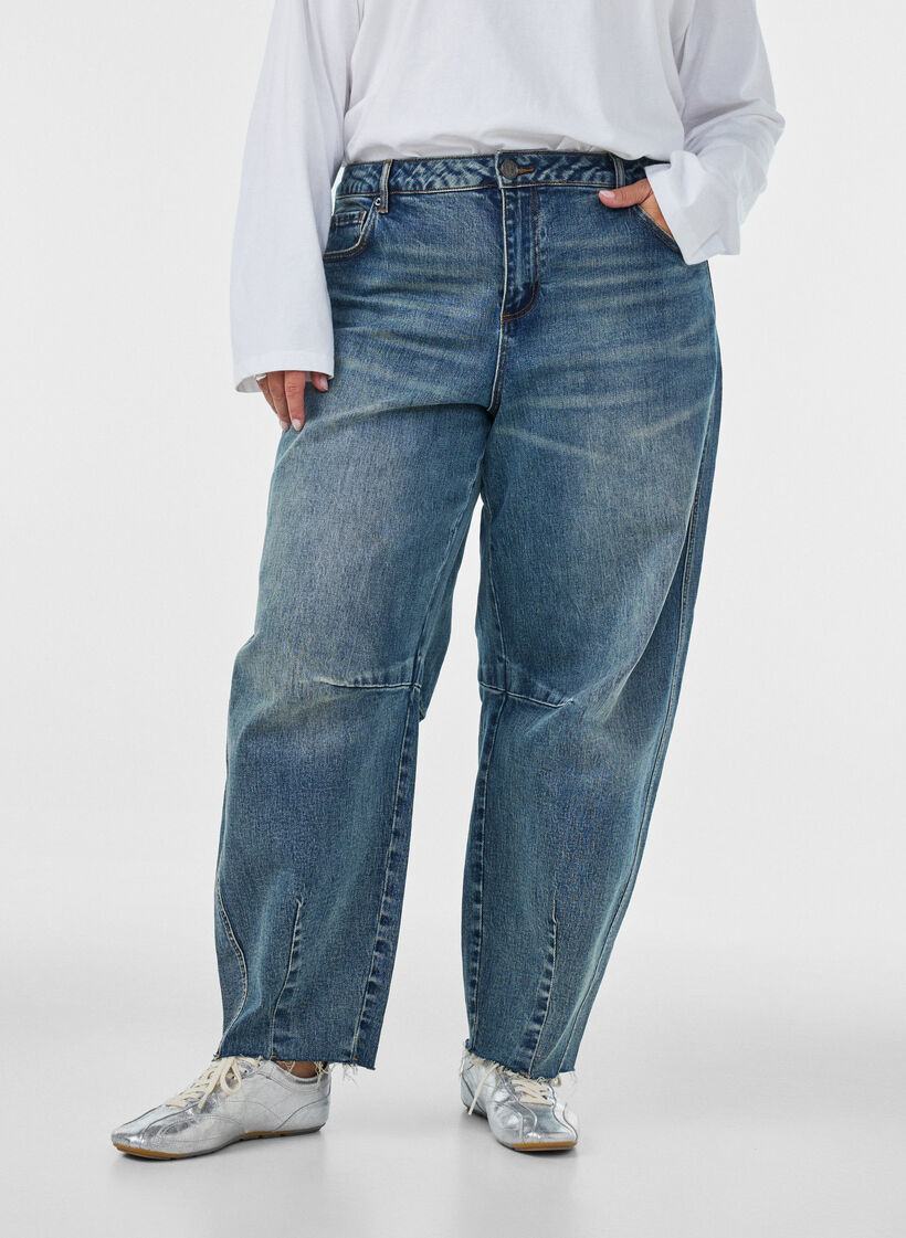 Barrel-fit jeans met een distressed wash, Blauw, Model