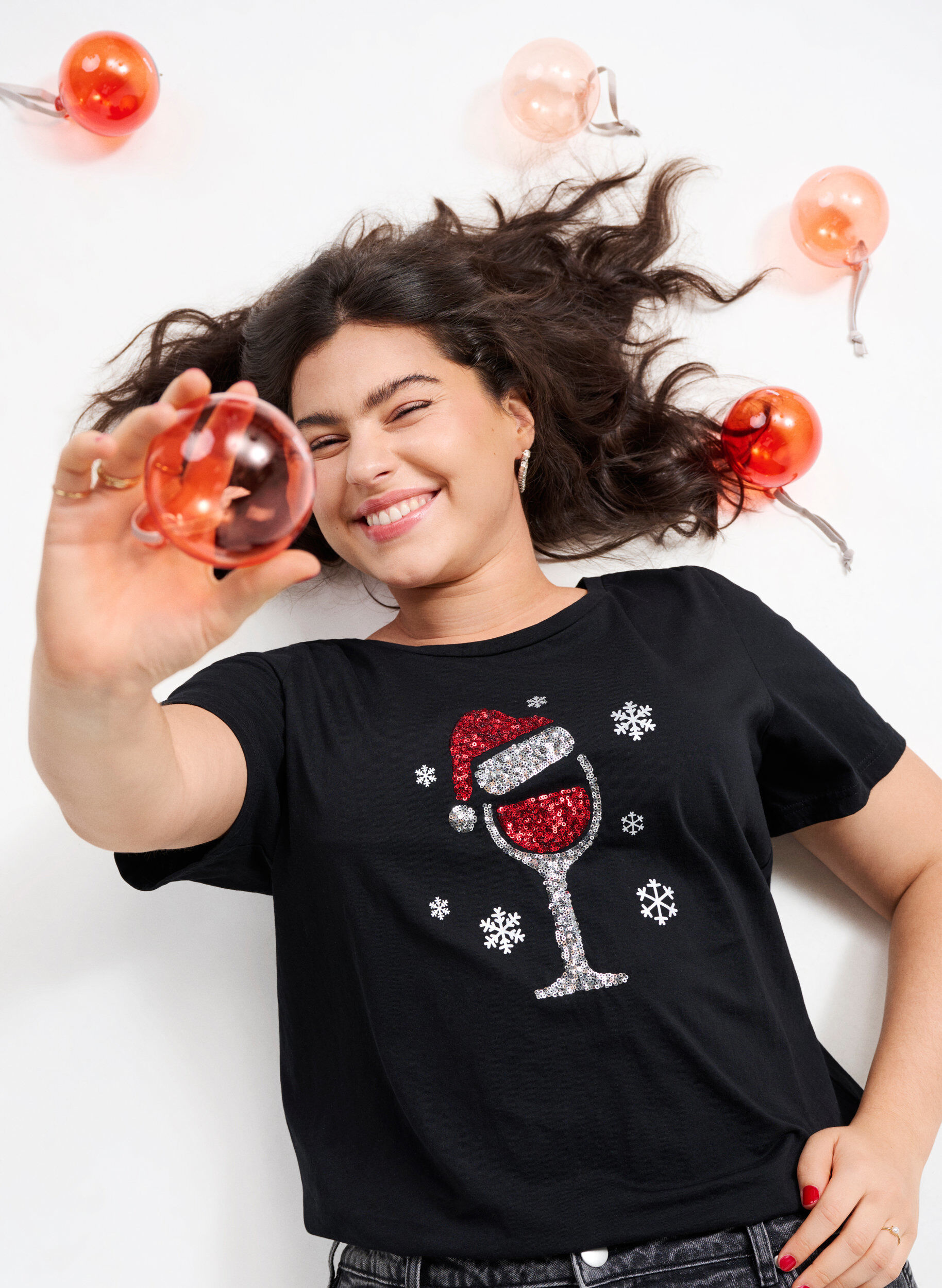 Zizzi T-shirts de No&euml;l en 100 % coton, Black w. Wine, Image image number 0