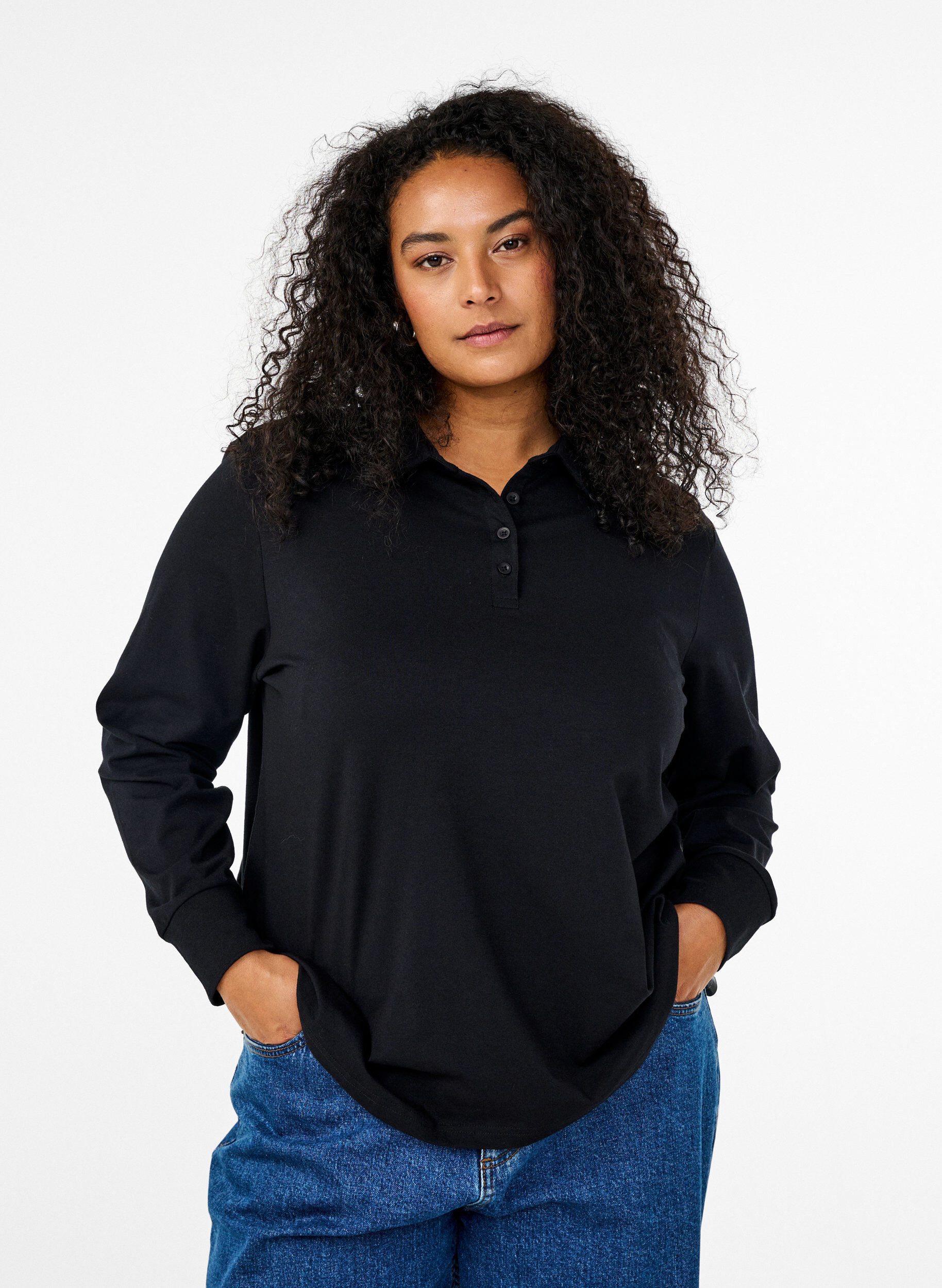 ZizziPolo shirt met lange mouwen en strepen, Zwart, Model image number 0