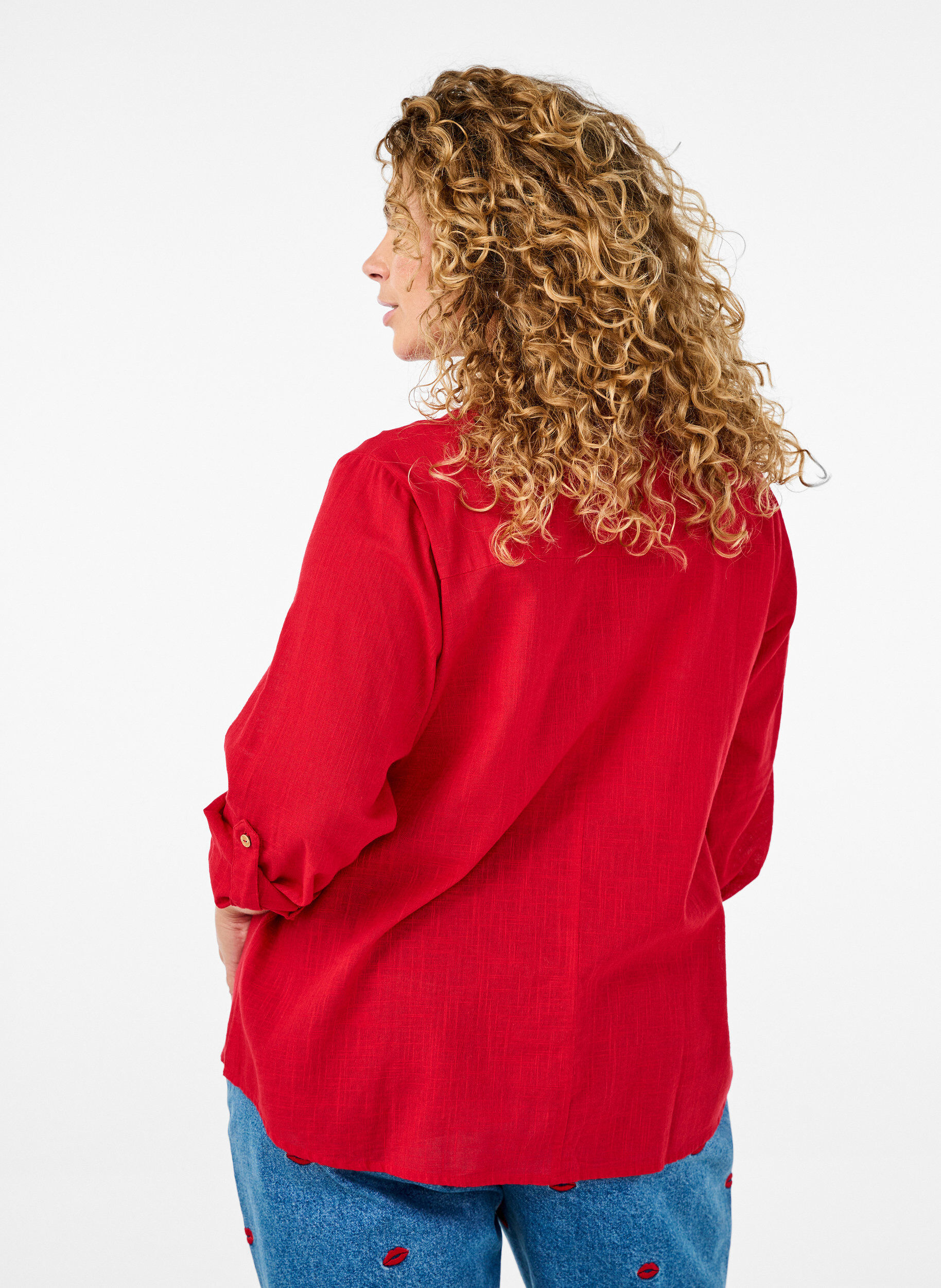 ZizziKatoenen blouse met een V-hals, Rood, Model image number 2
