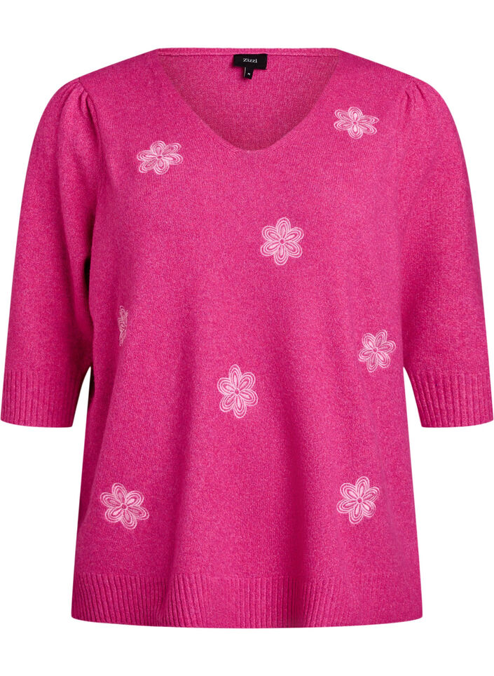 Gebreide blouse met geborduurde bloemen, R. Rose Mel. Comb, Packshot image number 0