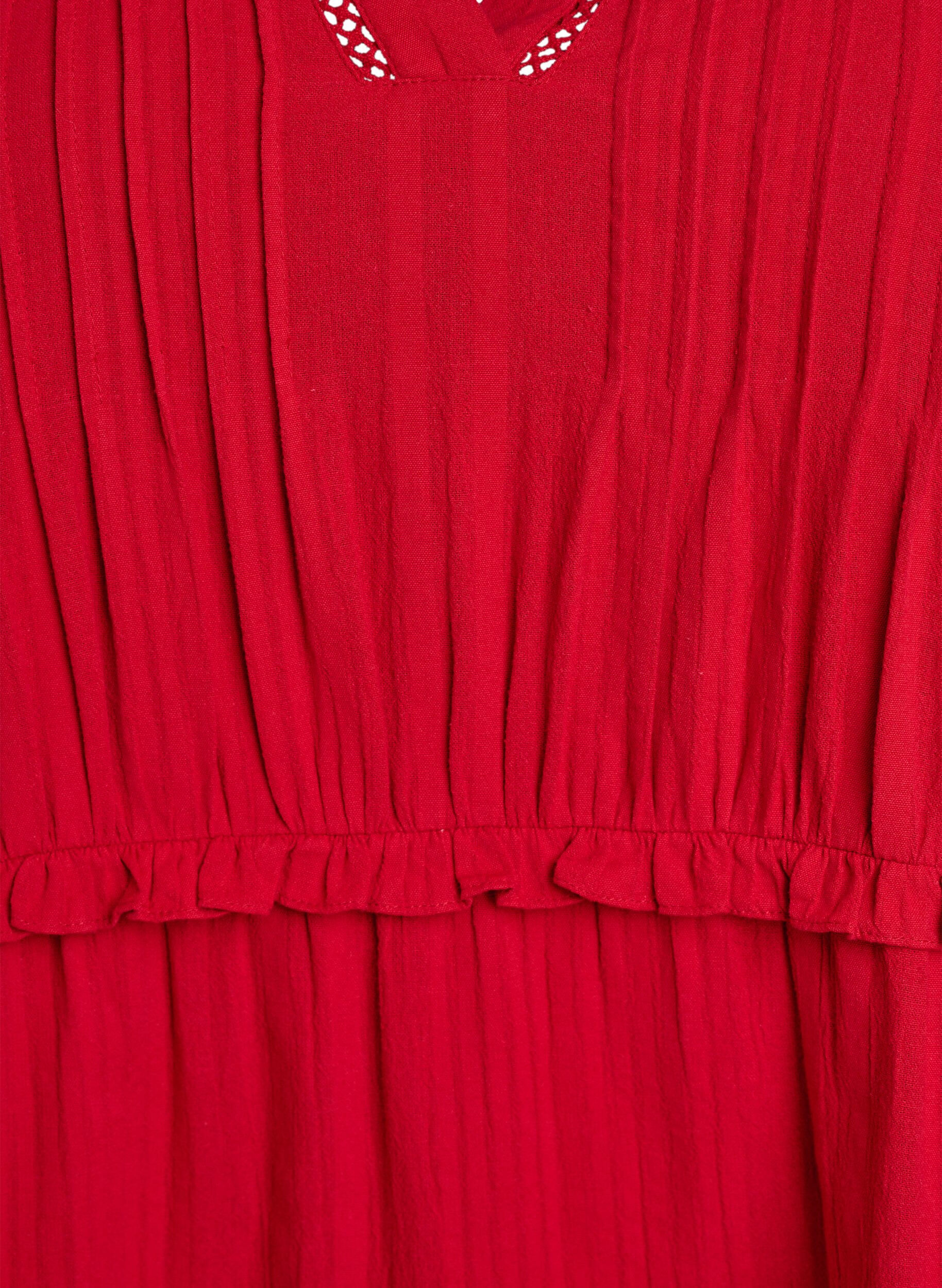 ZizziKatoenen jurk met 3/4 mouwen en ruches, Rood, Packshot image number 2