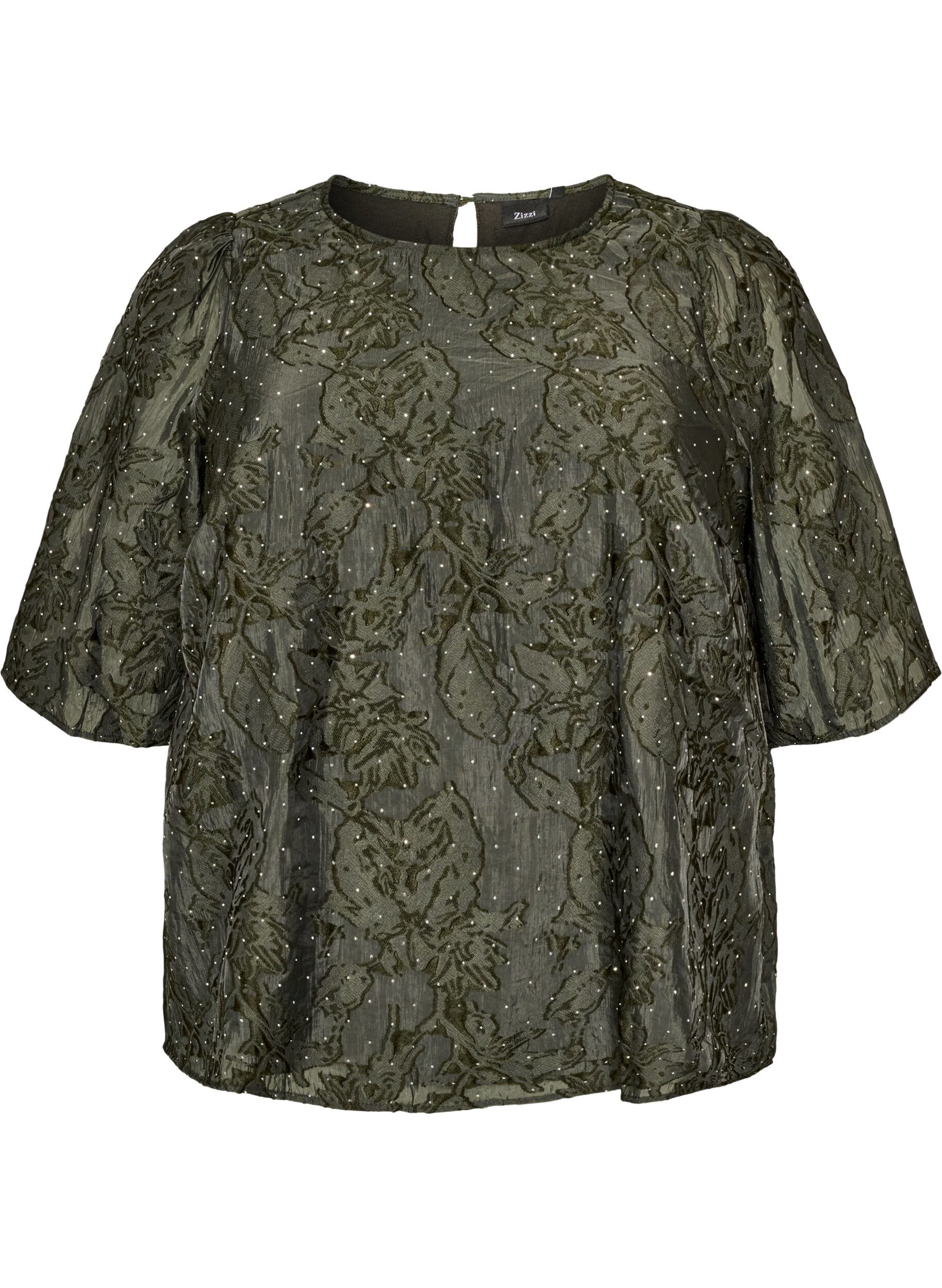 ZizziJacquard blouse met sprankelende details en pofmouwen, Groen, Packshot image number 0