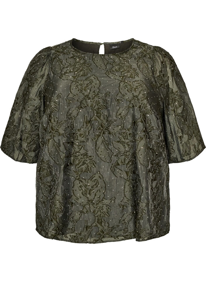 Jacquard blouse met sprankelende details en pofmouwen, Groen, Packshot image number 0