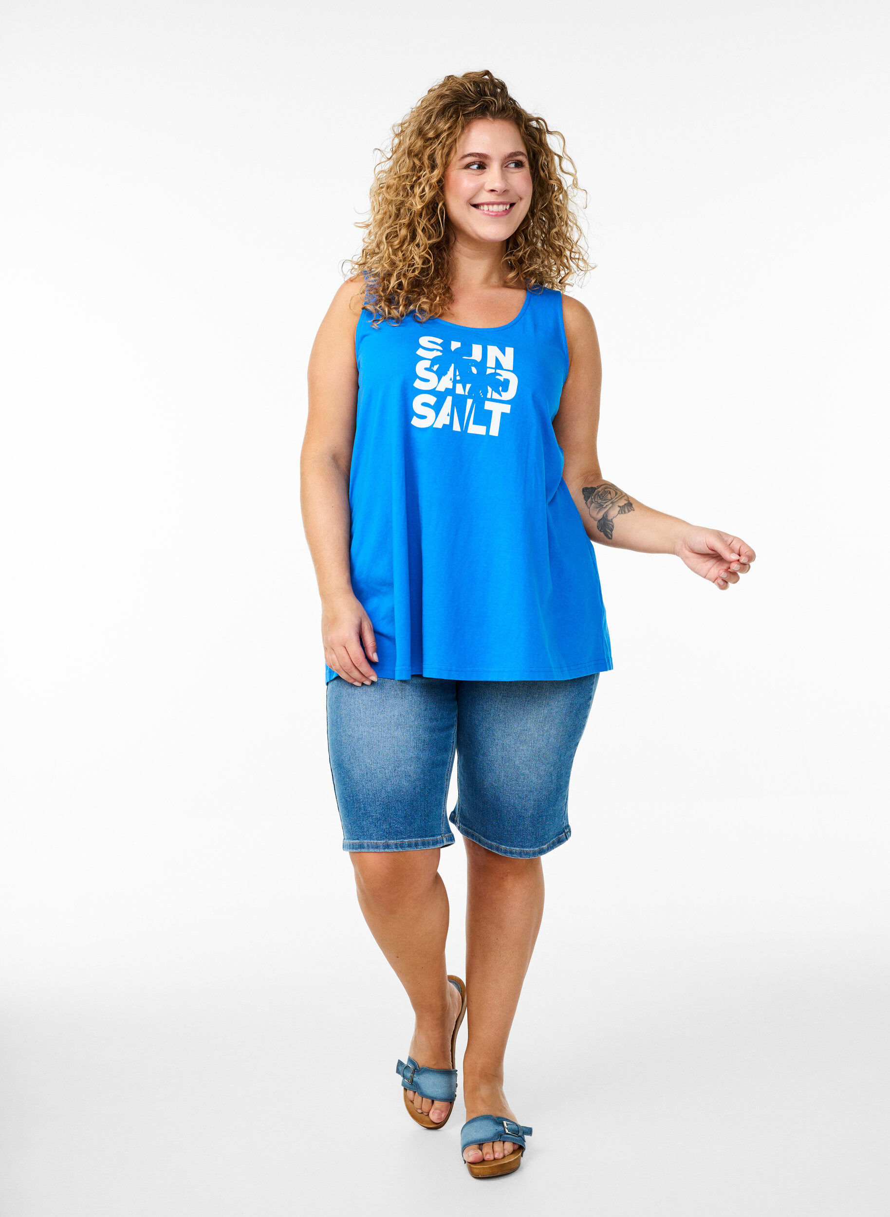 Zizzi Top en coton avec forme en A, Bleu, Model image number 1