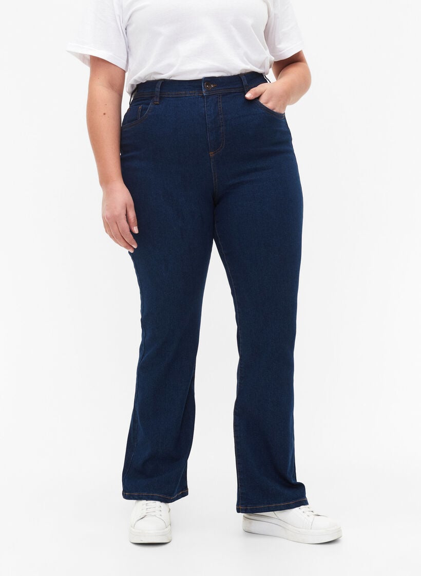 Jean taille haute avec coupe bootcut, Bleu, Model image number 2