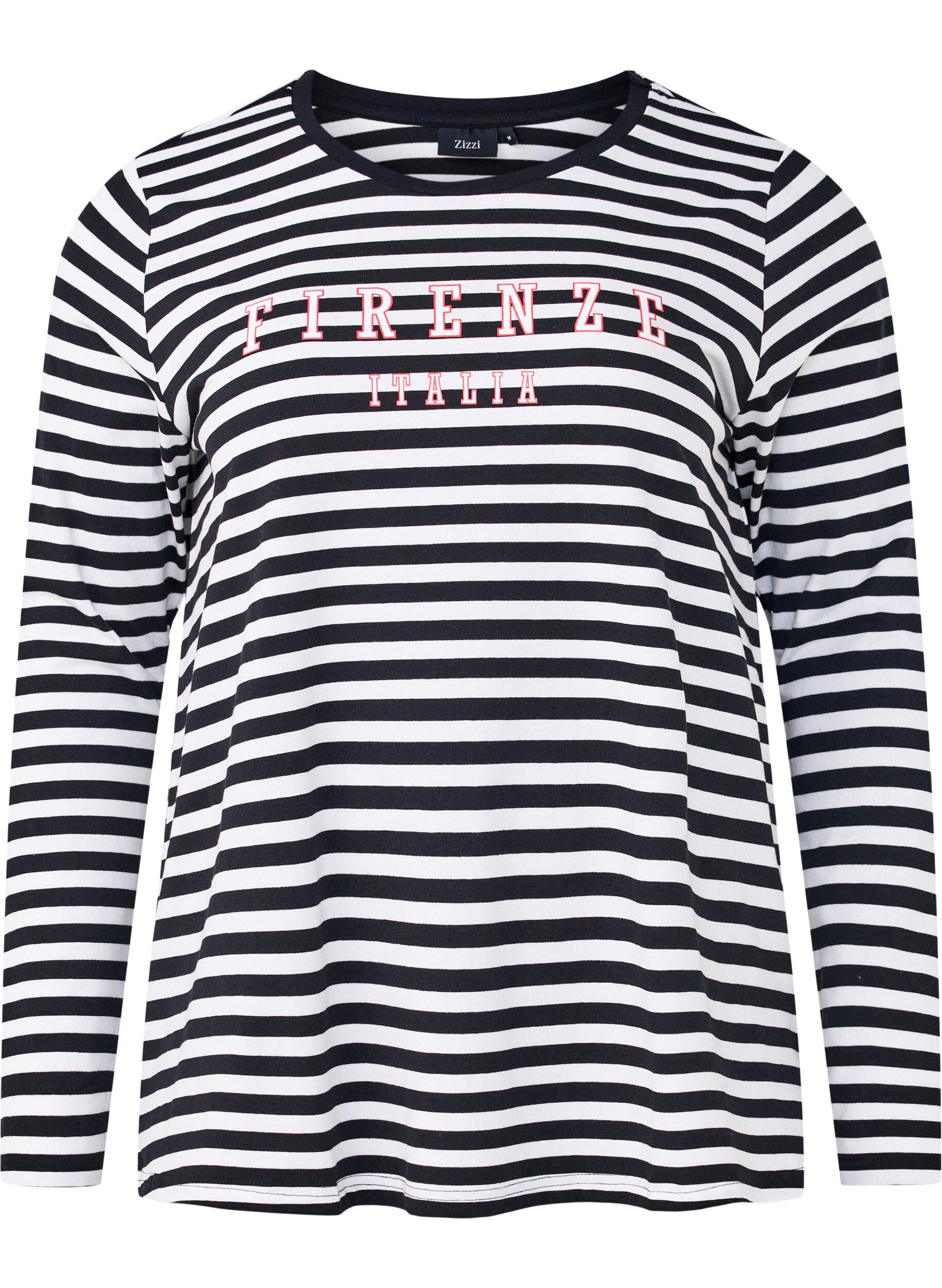 ZizziGestreepte blouse met motief, White w.Black Stripe, Packshot image number 0