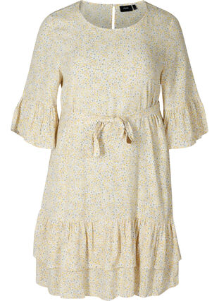 Viscose jurk met print en striksluiting, Yellow AOP Flower, Packshot image number 0