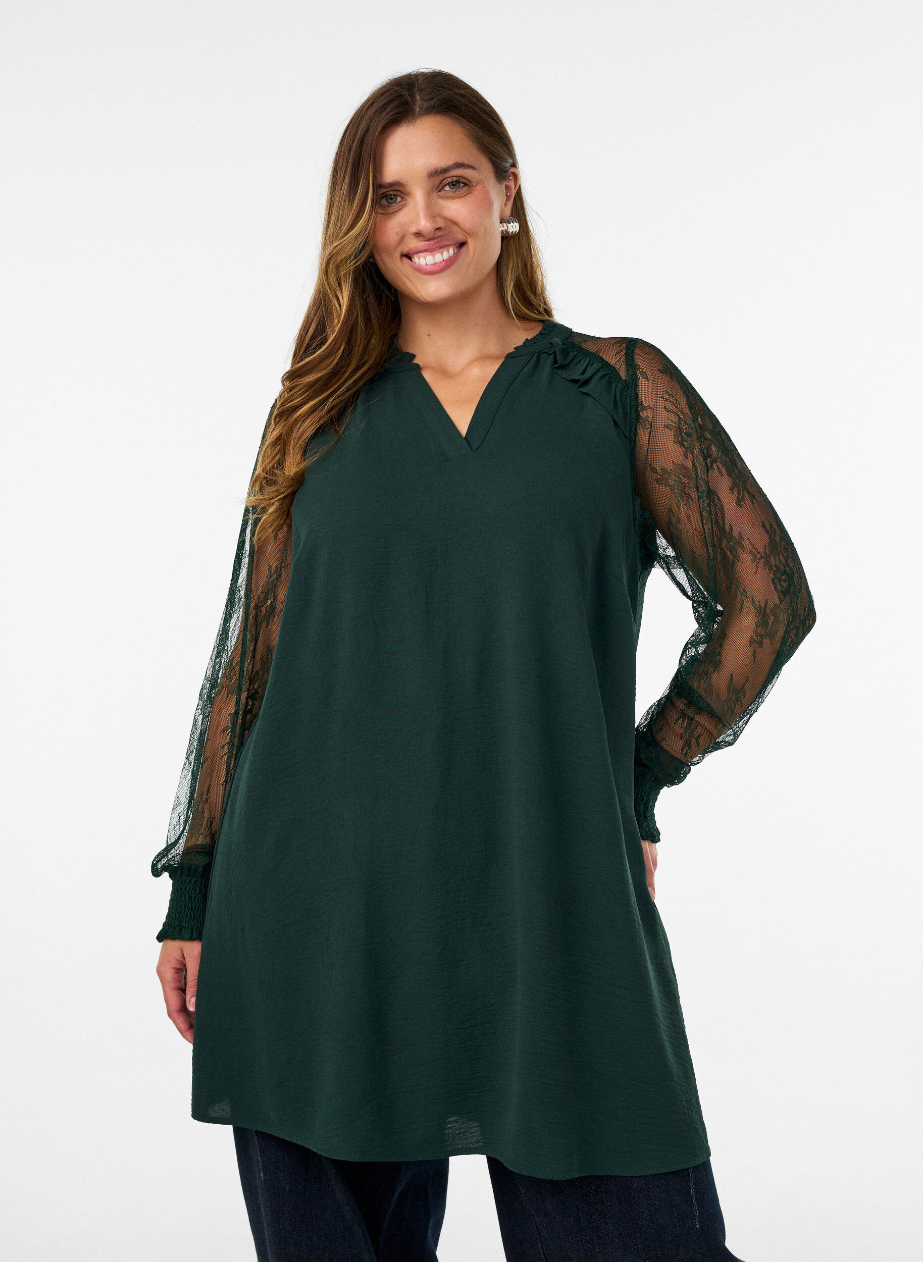 Tunique avec manches en dentelle transparente, Vert fonc&eacute;, Model