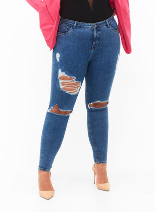 Strakke jeans met slijtagedetails, Blue denim, Model image number 2