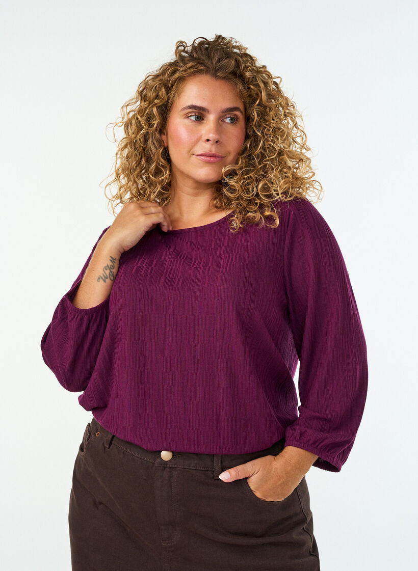 Blouse met textuur en 3/4 mouwen, Paars, Model image number 0
