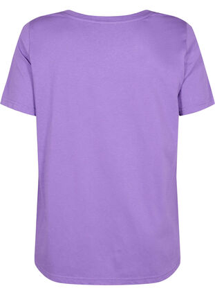 T-shirt en coton avec impression de texte et col en V, Deep Lavender ORI, Packshot image number 1