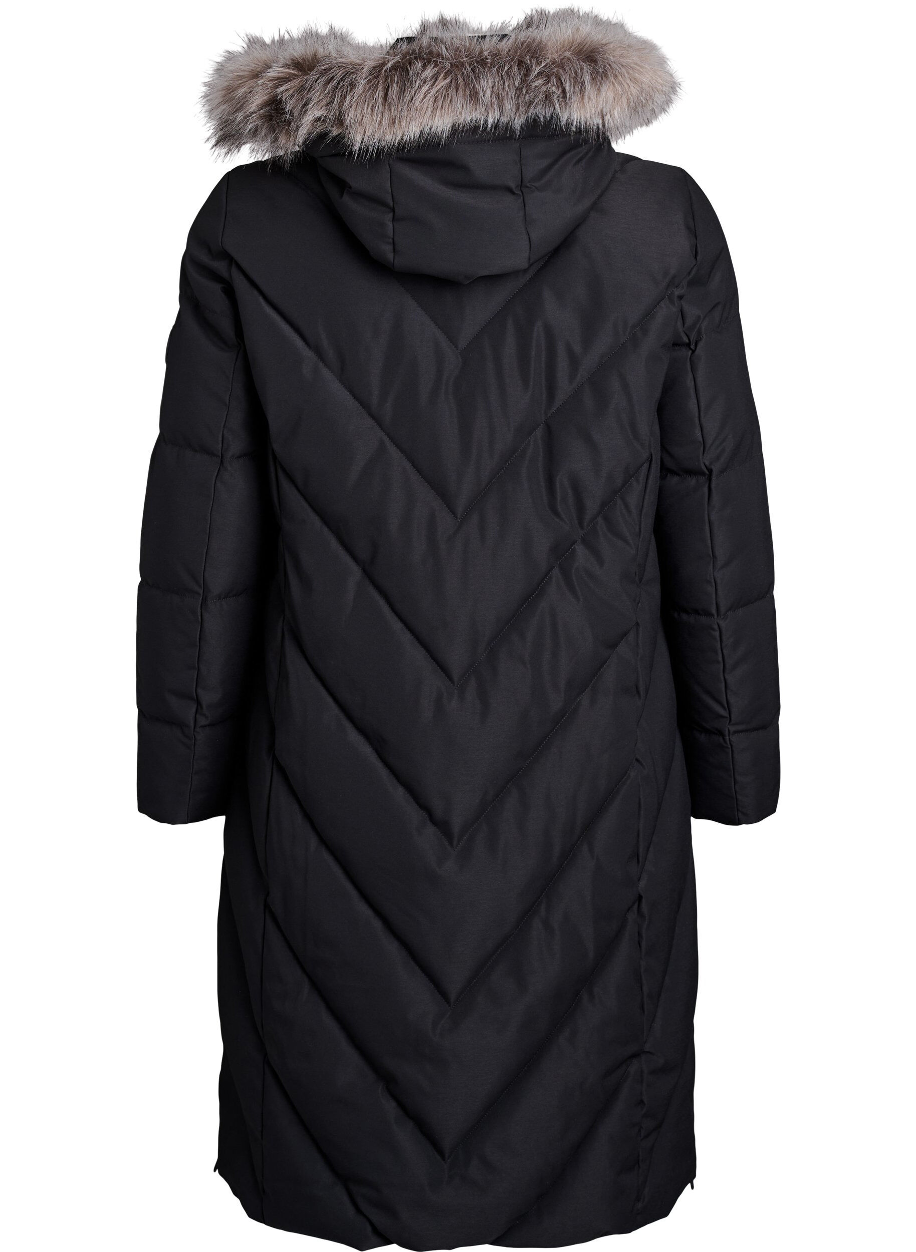 Zizzi Long manteau d'hiver &agrave; fermeture &agrave; attaches et col en fausse fourrure, Noir, Packshot image number 1