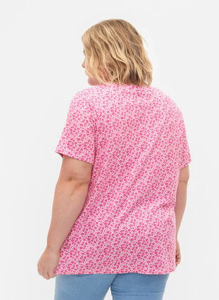 T-shirt en coton à fleurs avec col en V, Shocking Pink AOP, Model image number 1