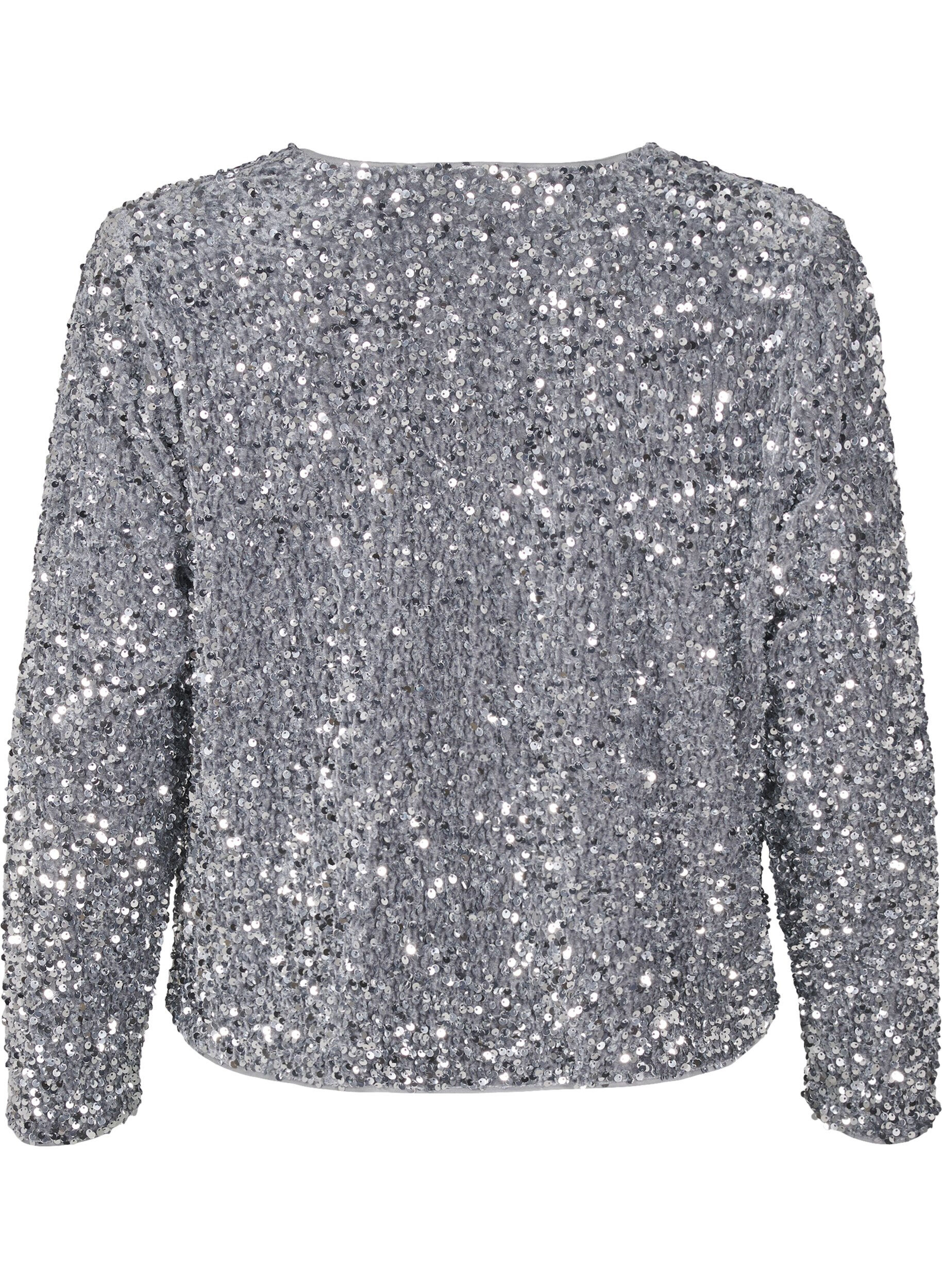 ZizziPailletten blouse met strikdetails, Silver, Packshot image number 1
